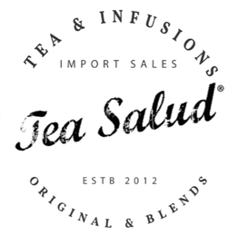 Logo circular de "Tea Salud", establecido en 2012, con texto sobre tés e infusiones importadas.
