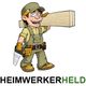 Cartoon-Handwerker mit Holzplanke und Säge, lächelt. Schrift: "HEIMWERKERHELD".
