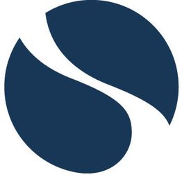 Abstraktes, dunkelblaues Logo in Form eines runden Symbols mit zwei geschwungenen Elementen.