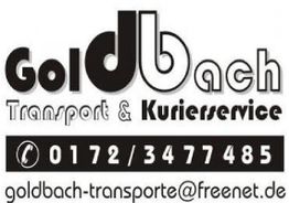 Goldbach Transport & Kurierservice Logo mit Telefonnummer und E-Mail-Adresse in Schwarz und Weiß.