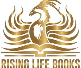 Logo mit goldener Phönix über geöffneter Buchgrafik, Text: Rising Life Books.
