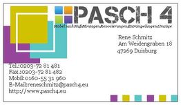 Visitenkarte von PASCH 4 mit Kontaktdaten von Rene Schmitz und buntem Logo.