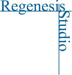 Logo mit blauer Schrift: „Regenesis Studio“, horizontal und vertikal geschrieben.