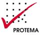 Logo von PROTEMA mit roten Haken und schwarzen Quadraten auf weißem Hintergrund.