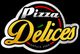 Logo "Pizza Délices" avec slogan "Depuis 2000" en noir, blanc, rouge et or.