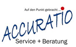 Schriftzug "ACCURATIO" mit rotem Punkt und Text: "Auf den Punkt gebracht... Service + Beratung".