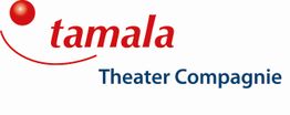 tamala Theater Compagnie Logo mit rotem Punkt und Schriftzug in Rot und Blau.