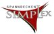 Logo von Simplex mit rotem, dreieckigem Design und schwarzem Text "Spanndecken Simplex".