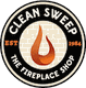 Logo with a flame icon and "Clean Sweep: The Fireplace Shop" text, established 1984.