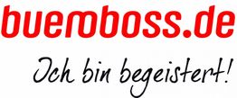 Logo mit rotem Text „bueroboss.de“ und darunter „Ich bin begeistert!“ in schwarzer Handschrift.