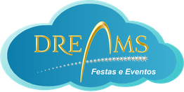 Logotipo "Dreams Festas e Eventos" em azul com nuvem de fundo.