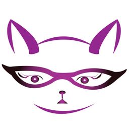 Minimalistisches lila Katzengesicht mit Maske und spitzen Ohren auf weißem Hintergrund.