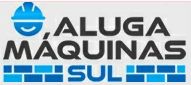 Logo da "Aluga Máquinas Sul" com capacete azul e ícones de tijolos.