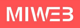 Texto "MIWEB" en blanco sobre fondo rojo coral.