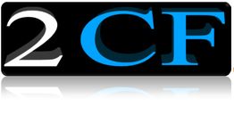 Texte "2 CF" en blanc et bleu sur fond noir avec reflets brillants.