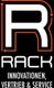 Logo mit großem "R", darunter "RACK" und Text: "INNOVATIONEN, VERTRIEB & SERVICE", schwarze Fläche.