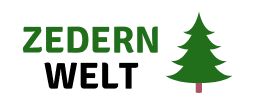 Logo mit Text "Zedern Welt" und einem grünen Baum daneben.