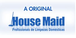 Texto em azul: "A ORIGINAL House Maid, Profissionais de Limpezas Domésticas" com ícone de vassoura.