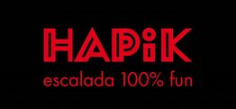 Logotipo de Hapik en rojo sobre negro con el texto "escalada 100% fun".