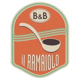 Etichetta d'arredo con scritta "B&B Il Ramaio". Sfondo arancione con mestolo stilizzato.