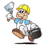 Zeichentrickarbeiter mit Helm, der eine Kelle und einen Eimer trägt, auf weißem Hintergrund.