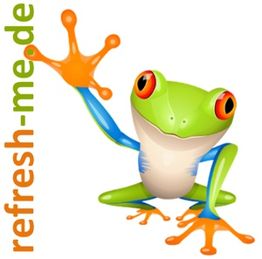 Bunter Cartoon-Frosch mit orangenen Füßen winkt. Text: refresh-me.de.