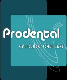 Logo de Prodental en fondo azul con texto "articulos dentales" en blanco.
