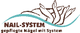 Logo mit Händen und Schriftzug „NAIL-SYSTEM gepflegte Nägel mit System“ in Braun und Türkis.