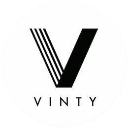 Stylized "V" logo with vertical lines, text "VINTY" below. Black on a white background.