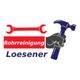 Logo mit rotem Schraubenschlüssel, Faust hält blauen Hammer, Text: "Rohrreinigung Loesener".