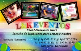 Banner colorido de L&K Eventos com imagens de festa e informações de contato.