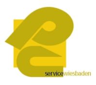 Gelbes Logo mit abstrakten Formen und Text "service wiesbaden" unten rechts.