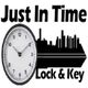 Clock with city skyline silhouette and text: "Just In Time Lock & Key."