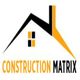 Logo of Construction Matrix with a stylized house roof and chimney design in orange and black.