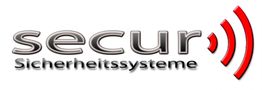 Logo mit Text "secur Sicherheitssysteme" und roten schrägen Linien rechts.