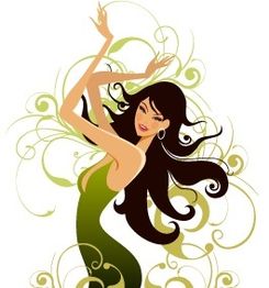 Illustration einer Frau in grünem Kleid, tanzend mit grünen Ornamenten im Hintergrund.