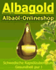 Grünes Banner mit "Albagold", Rapsblüte und goldenem Tropfen, Text: "Albaöl-Onlineshop".