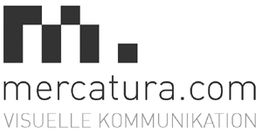 Logo von mercatura.com mit dem Text "Visuelle Kommunikation". Schwarze grafische Elemente.