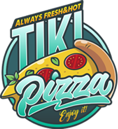 Logotipo de Tiki Pizza con una porción de pizza con tomates y hojas. Texto: "Siempre fresca y caliente".