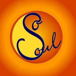 Logo mit gelborangem Kreis und blauem Schriftzug „Soul“ vor orangefarbenem Hintergrund.
