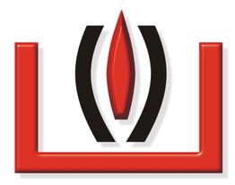 Symbol mit roter Flamme in der Mitte, umgeben von schwarzen Bögen und einer roten U-Form.