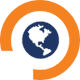 Orange spiral around a blue globe with continents visible.