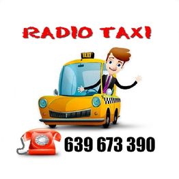 Ilustración de un auto amarillo de taxi con conductor y texto "RADIO TAXI" y número de teléfono.