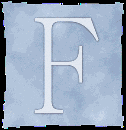 Großer, weißer Buchstabe "F" auf einem blauen, texturierten Hintergrund.