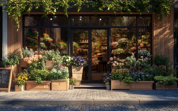 Blumenladen mit großen Schaufenstern, die für den Frühling dekoriert sind. Vor dem landen befinden sich viele bepflanzte Blumenkübel mit blühenden Blumen, in den verschiedensten Farben.