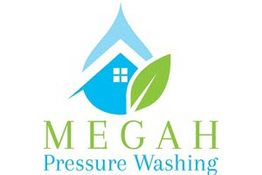 Logo of Megah Pressure Washing with a blue house, water droplet, and green leaf.