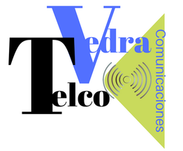 Logotipo de Vedra Telco Comunicaciones con texto negro y azul y un triángulo verde claro.