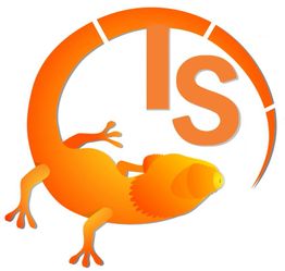 Orange Eidechse und Buchstaben "TS" in einem stilisierten Kreis.