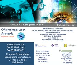 Publicidad de clínica de oftalmología especializada en cirugía láser y tratamientos oculares.