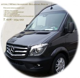 Schwarzer Mercedes-Transporter mit Werbung für Möbeltransport in Berlin, Kontakt: 0176 12341212.